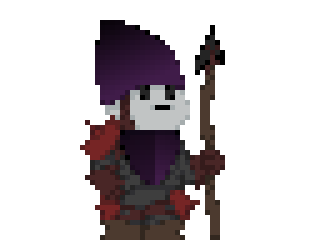 A slugcat wearing armor made from snail shells and holding a flint spear.